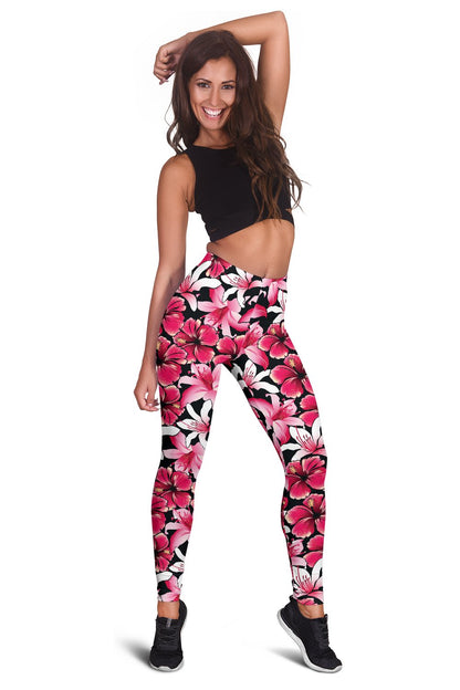Flower Hawaiian Pink Red Hibiscus Print Women Leggings