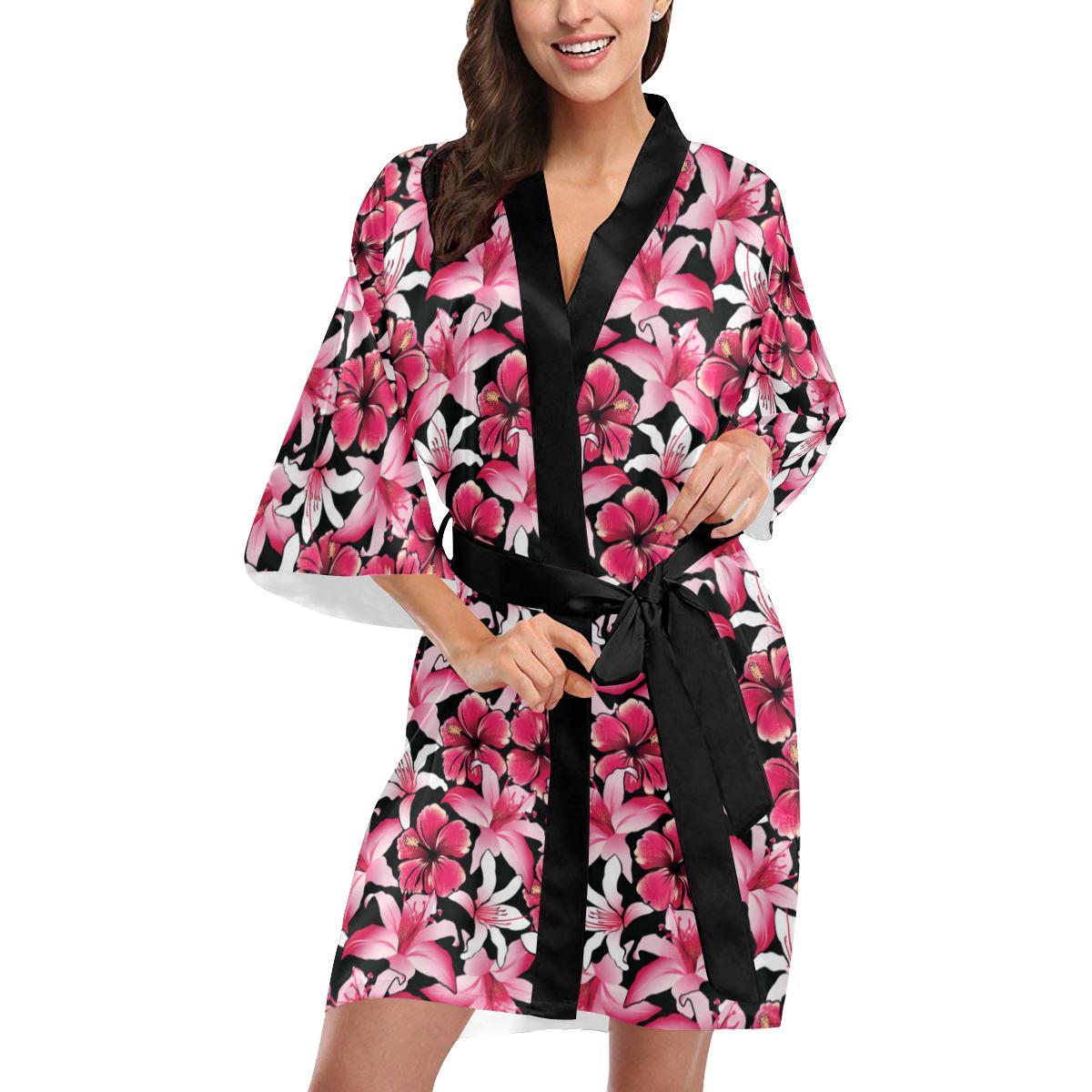 Flower Hawaiian Pink Red Hibiscus Print Women Short Kimono Robe