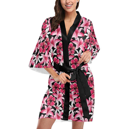 Flower Hawaiian Pink Red Hibiscus Print Women Short Kimono Robe