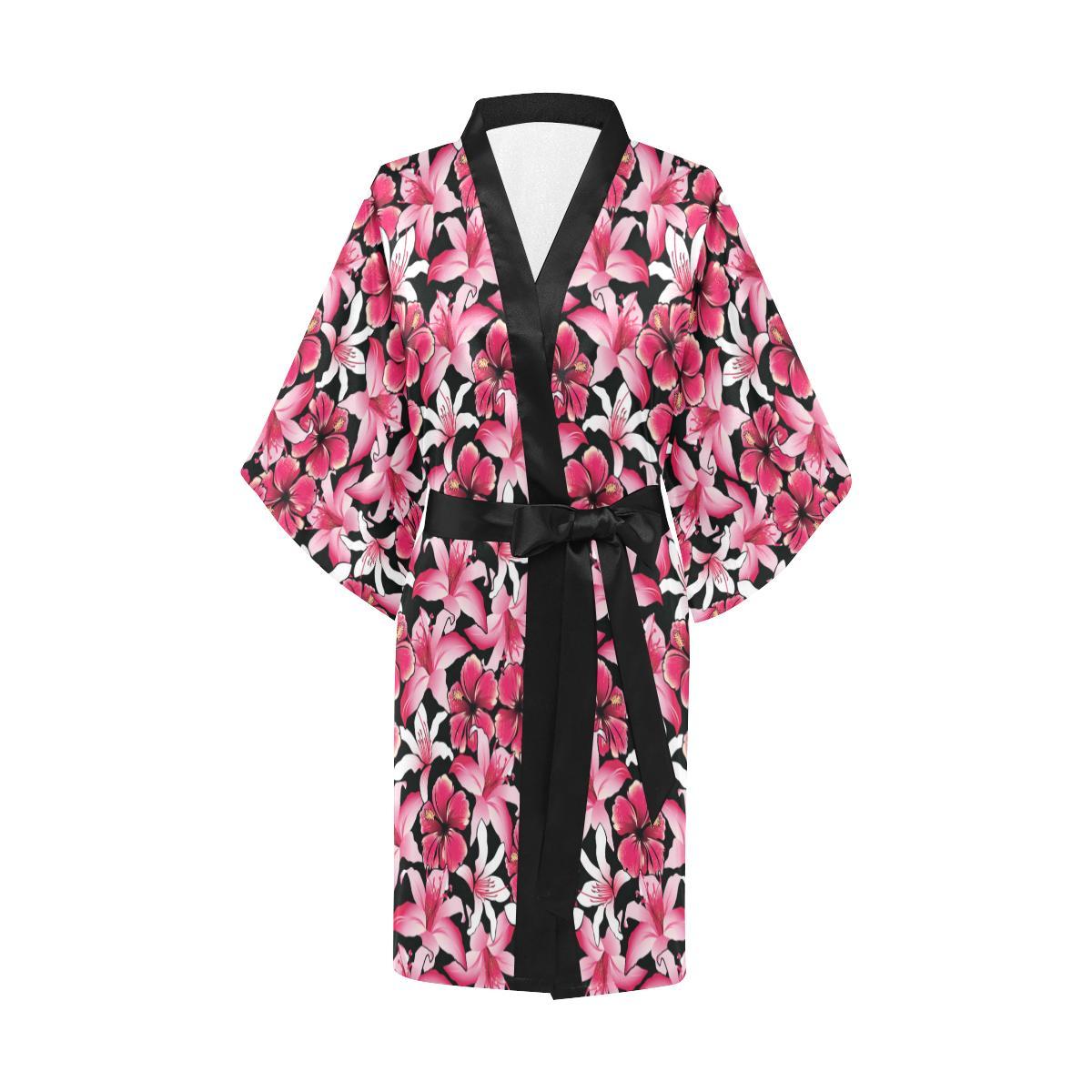 Flower Hawaiian Pink Red Hibiscus Print Women Short Kimono Robe