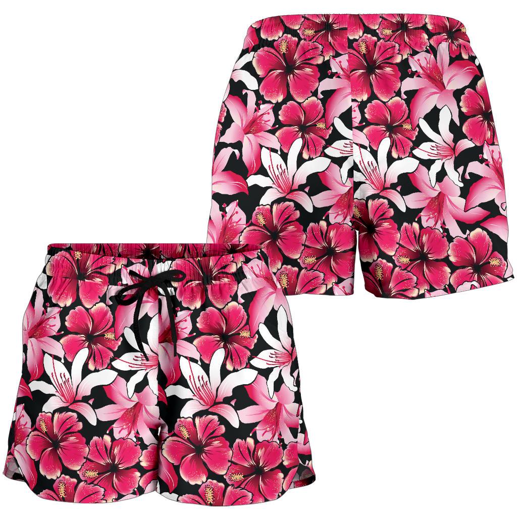 Flower Hawaiian Pink Red Hibiscus Print Women Shorts-JTAMIGO.COM