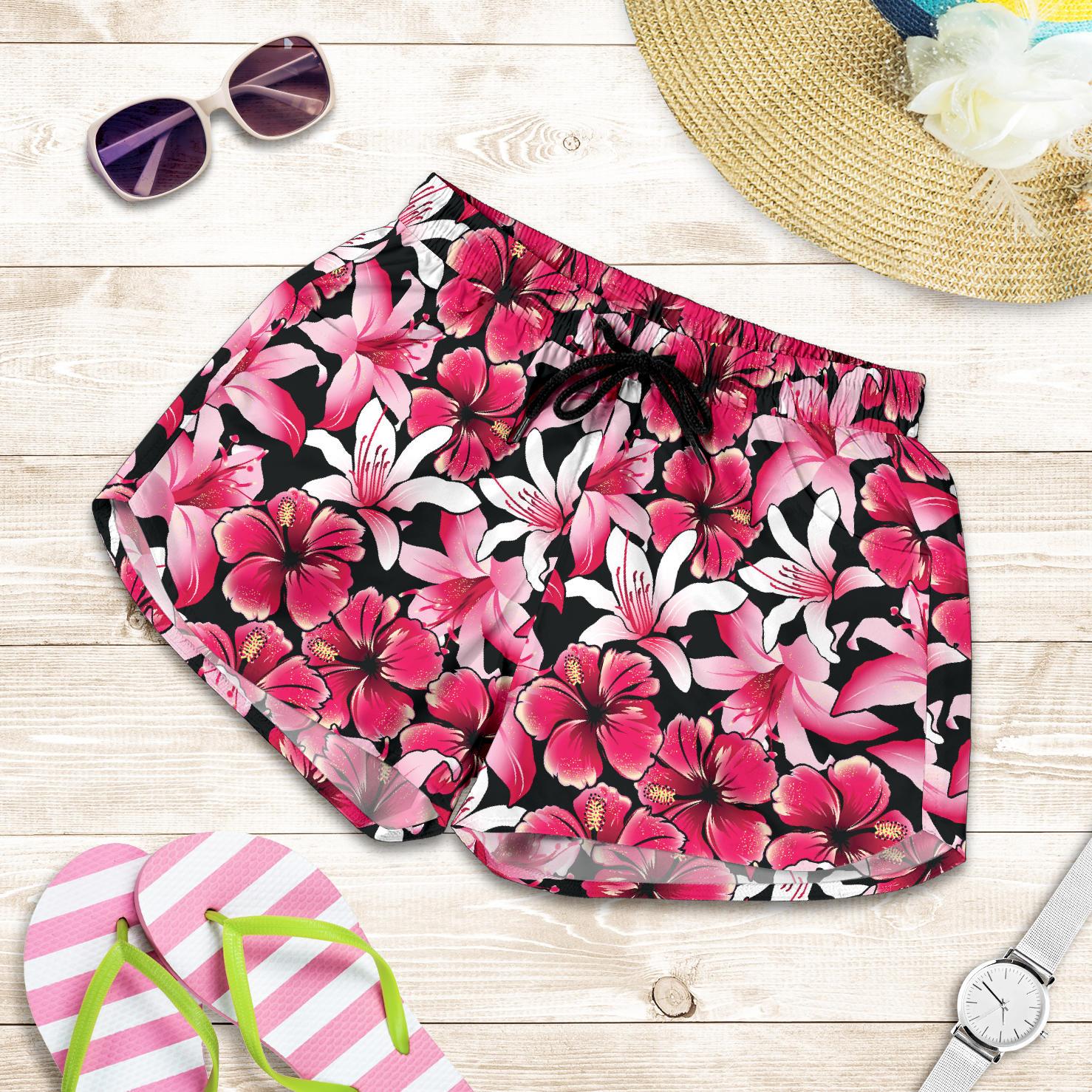 Flower Hawaiian Pink Red Hibiscus Print Women Shorts-JTAMIGO.COM