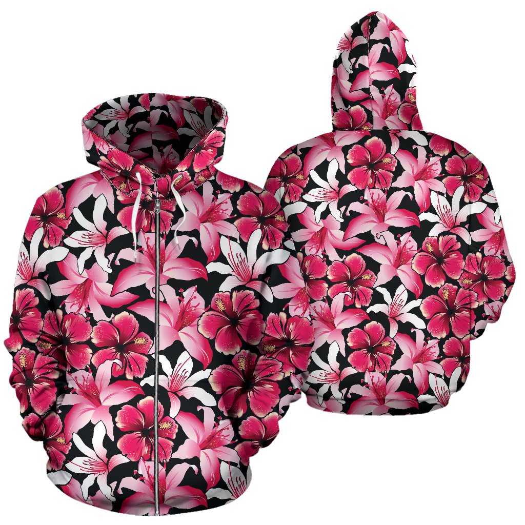 Flower Hawaiian Pink Red Hibiscus Print Zip Up Hoodie