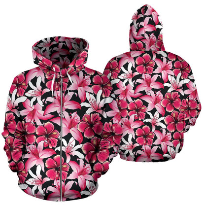 Flower Hawaiian Pink Red Hibiscus Print Zip Up Hoodie