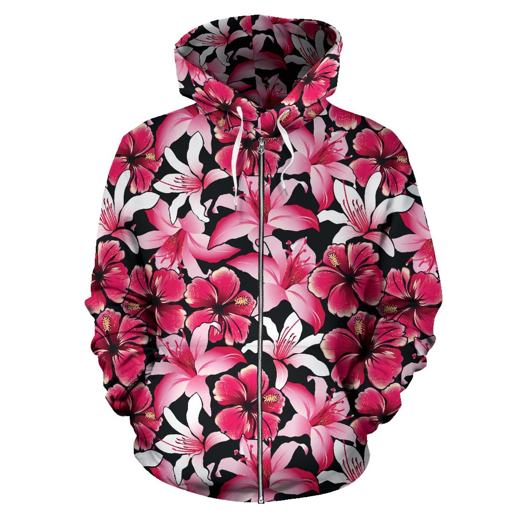 Flower Hawaiian Pink Red Hibiscus Print Zip Up Hoodie