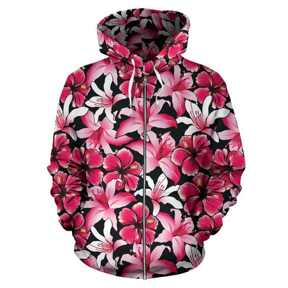 Flower Hawaiian Pink Red Hibiscus Print Zip Up Hoodie