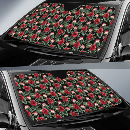 Flower Hawaiian Red Hibiscus Design Print Car Sun Shade For Windshield