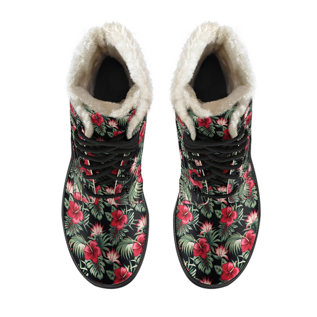 Flower Hawaiian Red Hibiscus Design Print Faux Fur Leather Boots-JTAMIGO.COM