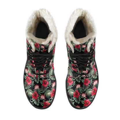 Flower Hawaiian Red Hibiscus Design Print Faux Fur Leather Boots-JTAMIGO.COM