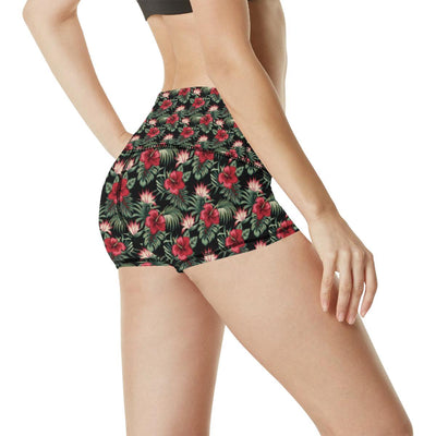 Flower Hawaiian Red Hibiscus Design Print High Waisted Spandex Shorts-JTAMIGO.COM