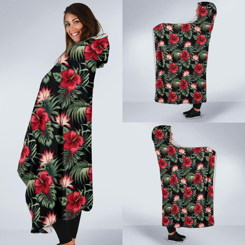 Flower Hawaiian Red Hibiscus Design Print Hooded Blanket-JTAMIGO.COM