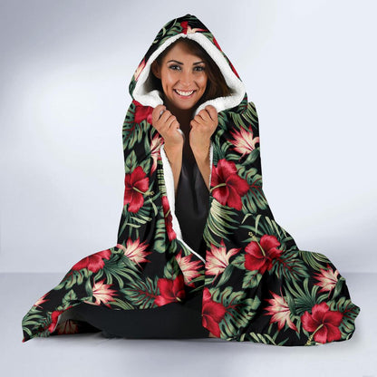 Flower Hawaiian Red Hibiscus Design Print Hooded Blanket-JTAMIGO.COM