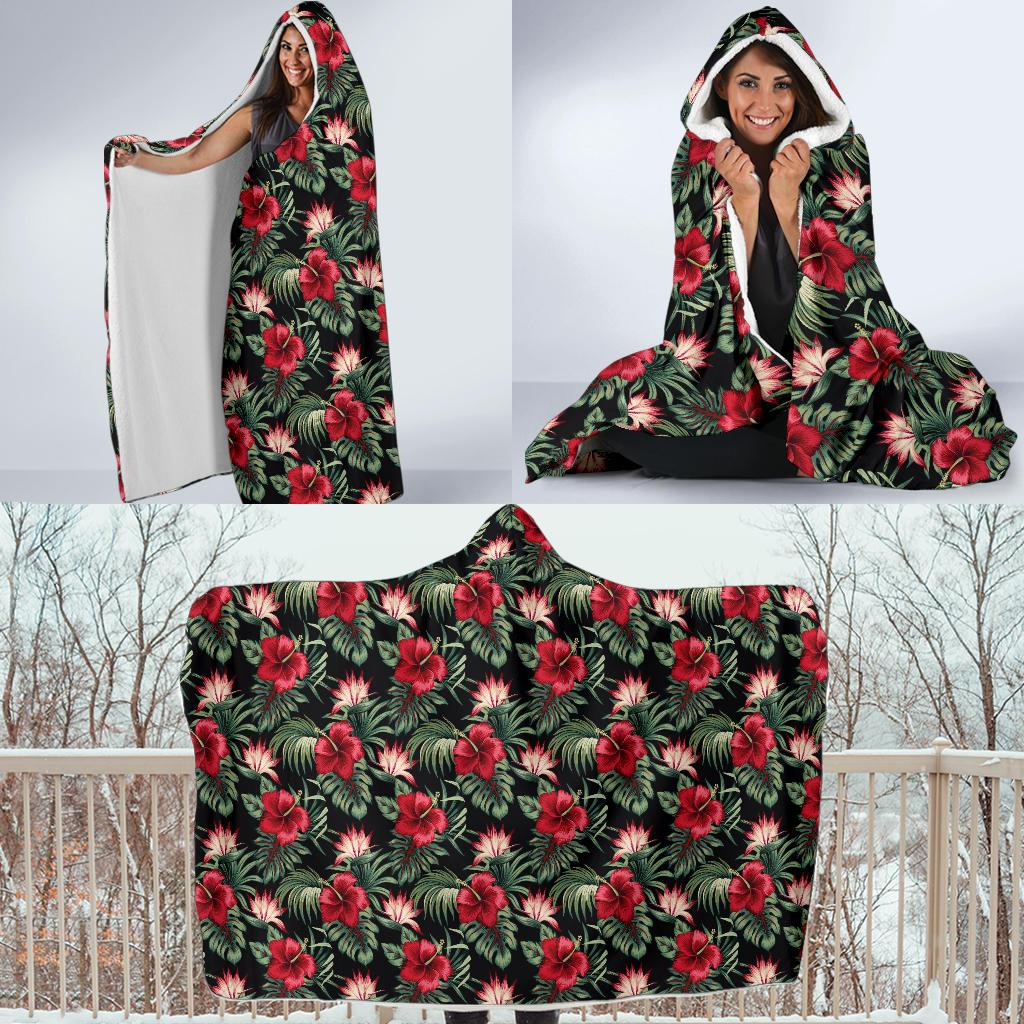 Flower Hawaiian Red Hibiscus Design Print Hooded Blanket-JTAMIGO.COM