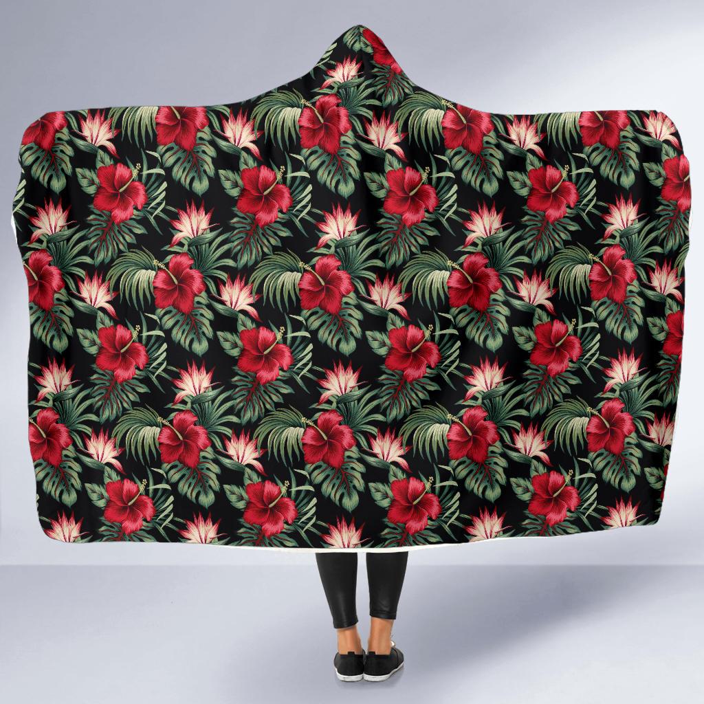 Flower Hawaiian Red Hibiscus Design Print Hooded Blanket-JTAMIGO.COM