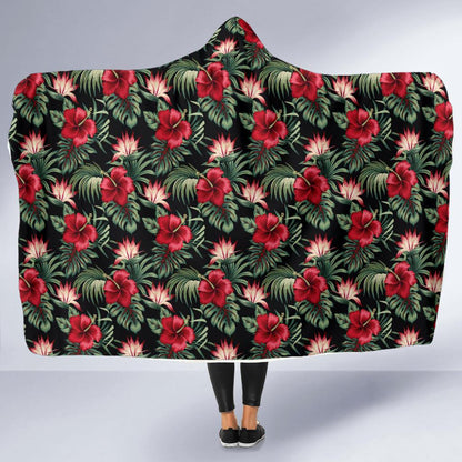 Flower Hawaiian Red Hibiscus Design Print Hooded Blanket-JTAMIGO.COM