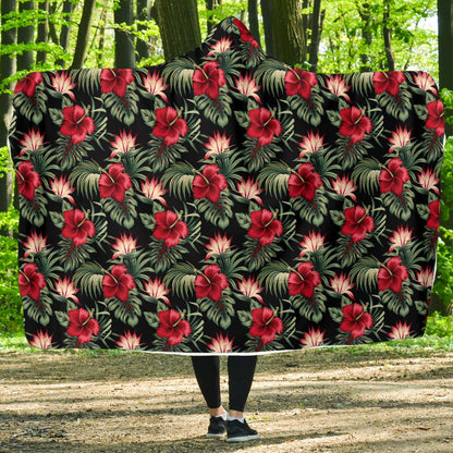 Flower Hawaiian Red Hibiscus Design Print Hooded Blanket-JTAMIGO.COM