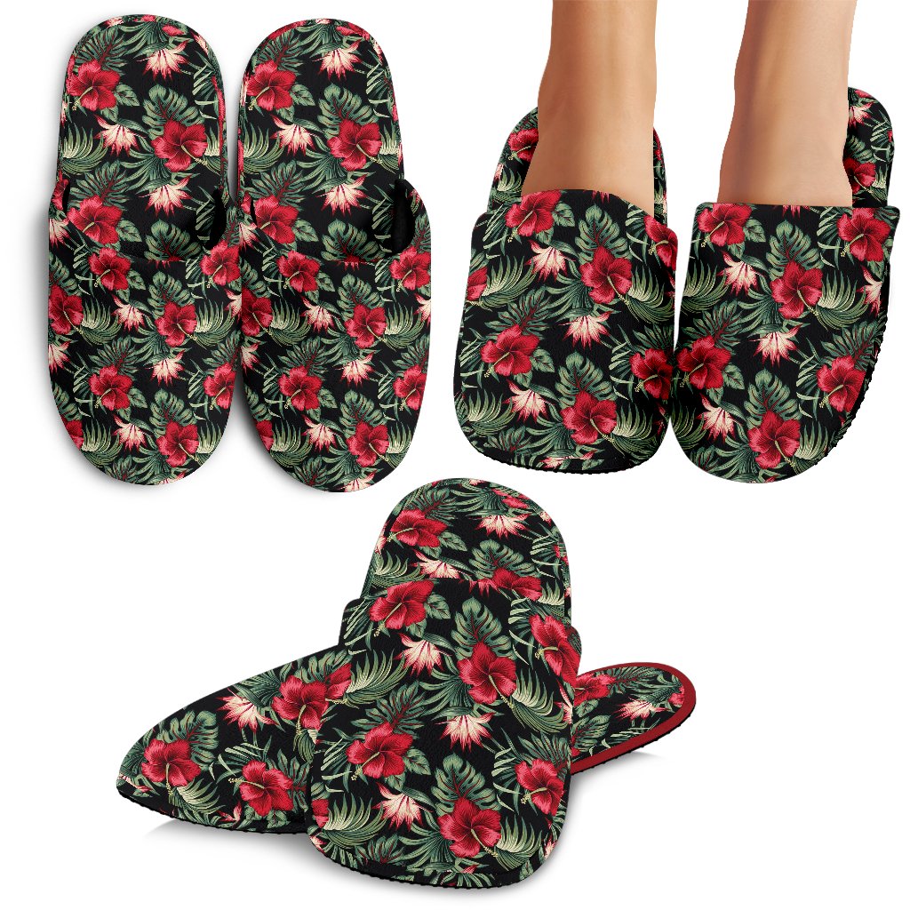 Flower Hawaiian Red Hibiscus Design Print House Slippers