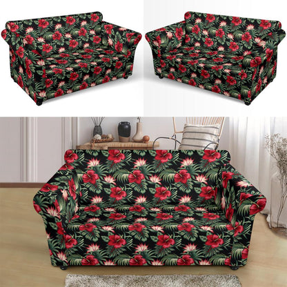 Flower Hawaiian Red Hibiscus Design Print Loveseat Slipcover-JTAMIGO.COM