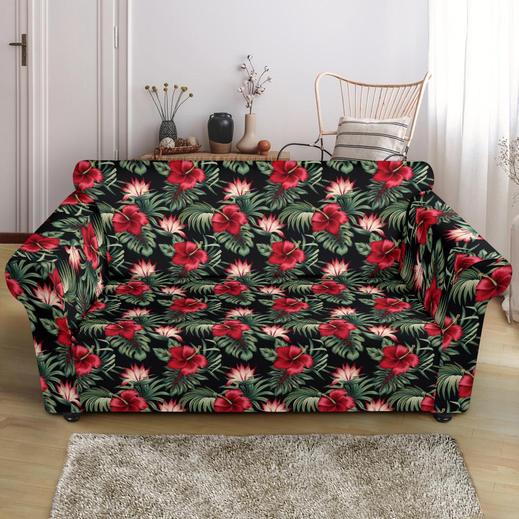 Flower Hawaiian Red Hibiscus Design Print Loveseat Slipcover-JTAMIGO.COM