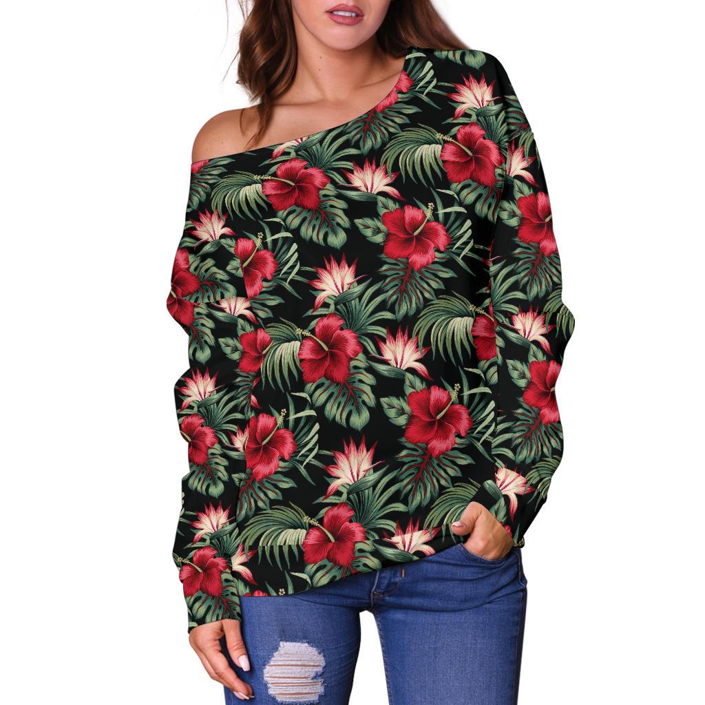 Flower Hawaiian Red Hibiscus Design Print Off Shoulder Sweatshirt