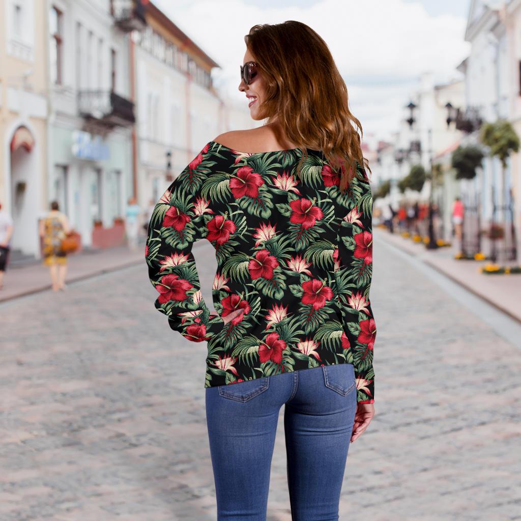 Flower Hawaiian Red Hibiscus Design Print Off Shoulder Sweatshirt