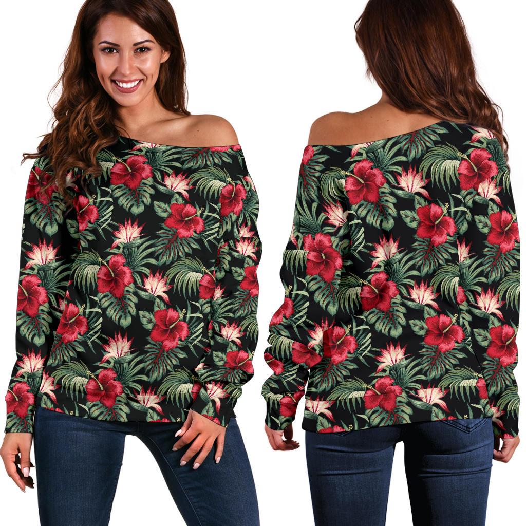 Flower Hawaiian Red Hibiscus Design Print Off Shoulder Sweatshirt
