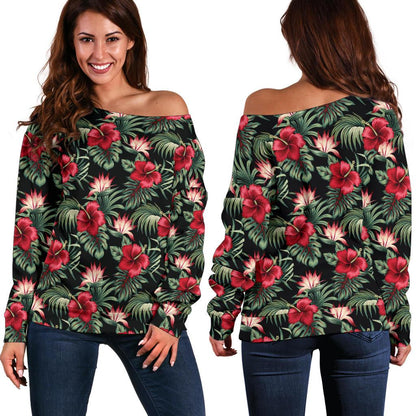 Flower Hawaiian Red Hibiscus Design Print Off Shoulder Sweatshirt