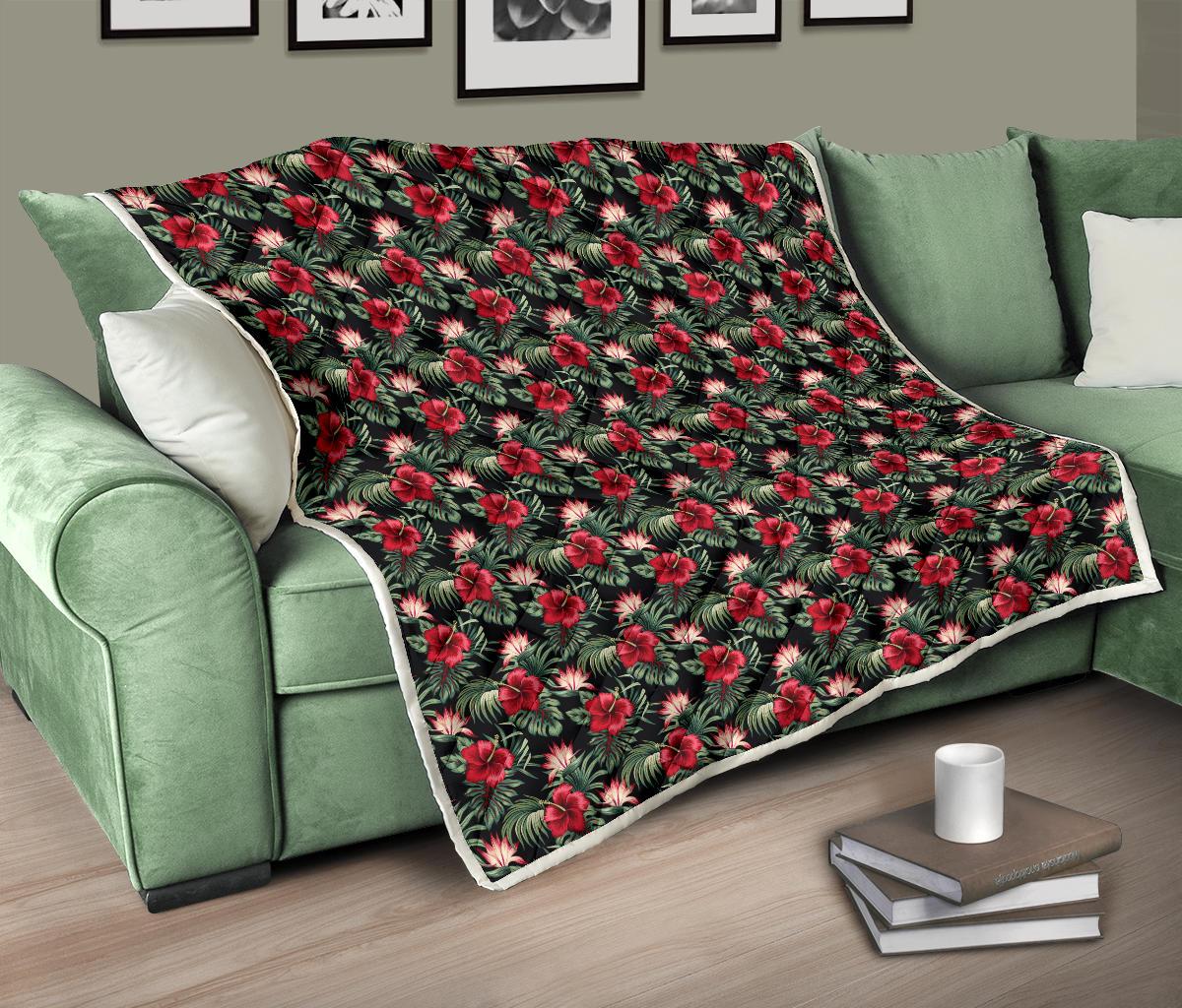 Flower Hawaiian Red Hibiscus Design Print Premium Quilt-JTAMIGO.COM