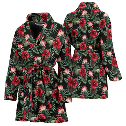 Flower Hawaiian Red Hibiscus Design Print Women Bath Robe-JTAMIGO.COM