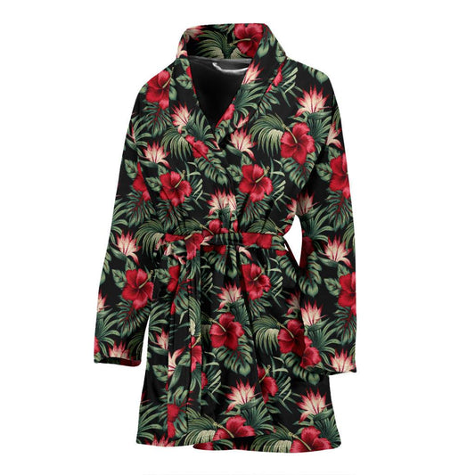 Flower Hawaiian Red Hibiscus Design Print Women Bath Robe-JTAMIGO.COM