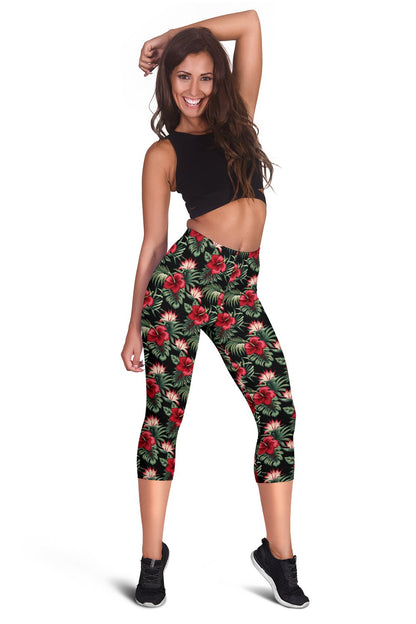 Flower Hawaiian Red Hibiscus Design Print Women Capris