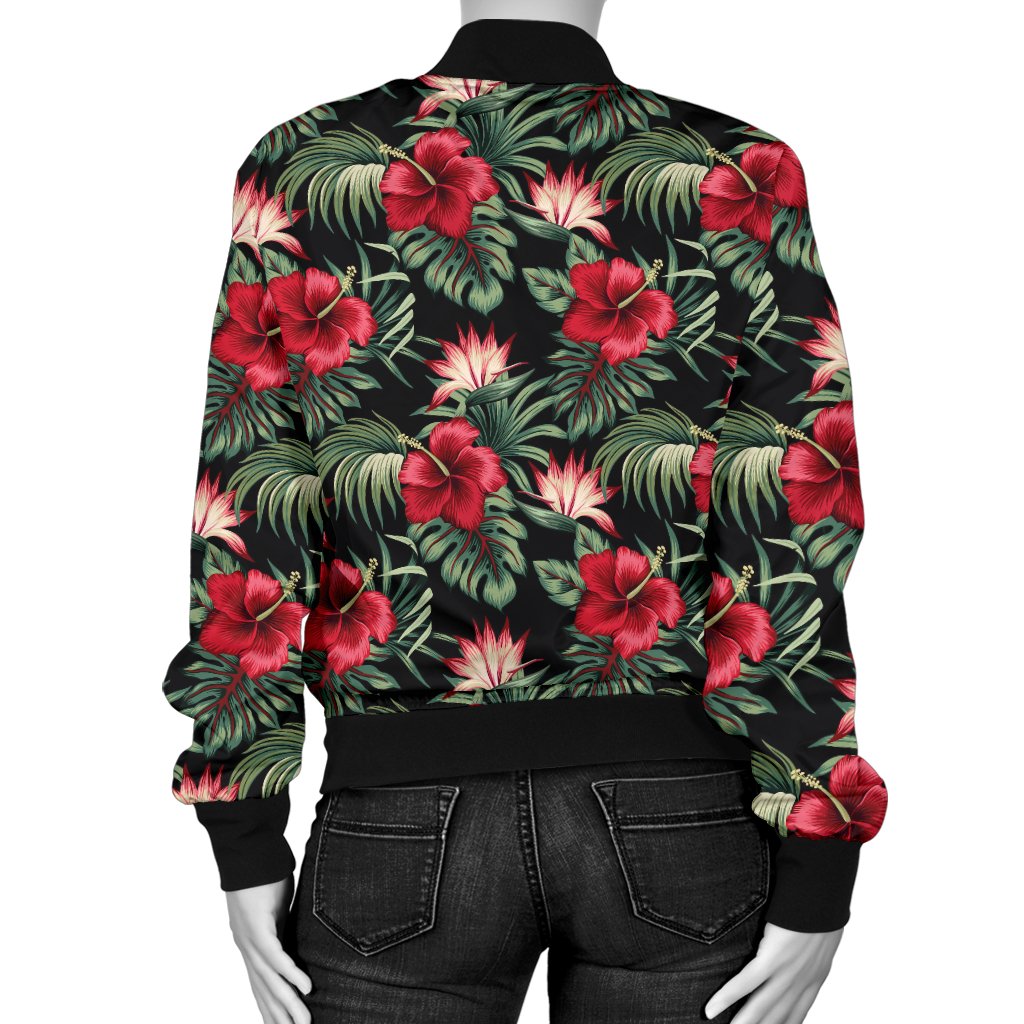 Flower Hawaiian Red Hibiscus Design Print Women Casual Bomber Jacket