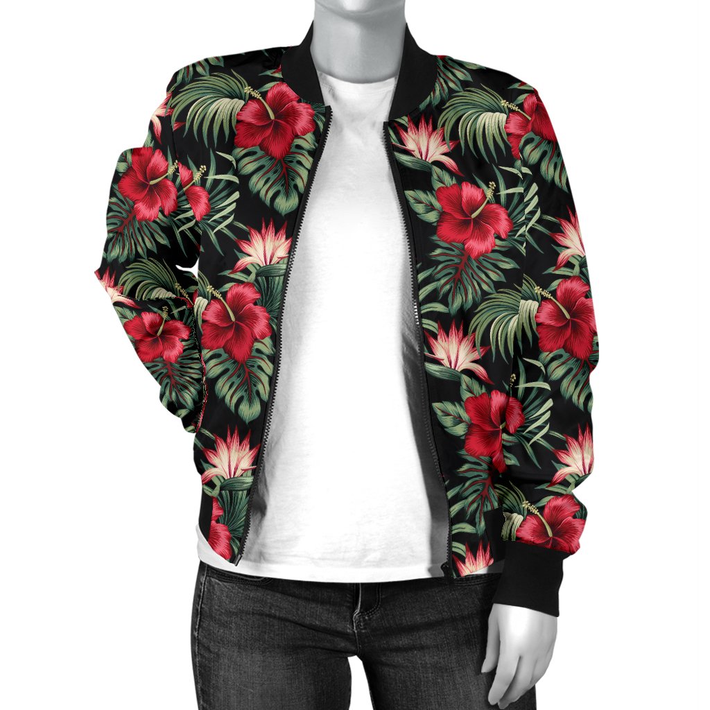 Flower Hawaiian Red Hibiscus Design Print Women Casual Bomber Jacket