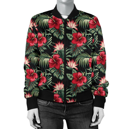 Flower Hawaiian Red Hibiscus Design Print Women Casual Bomber Jacket