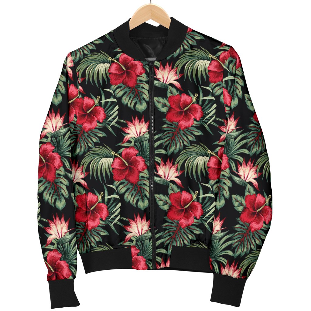 Flower Hawaiian Red Hibiscus Design Print Women Casual Bomber Jacket