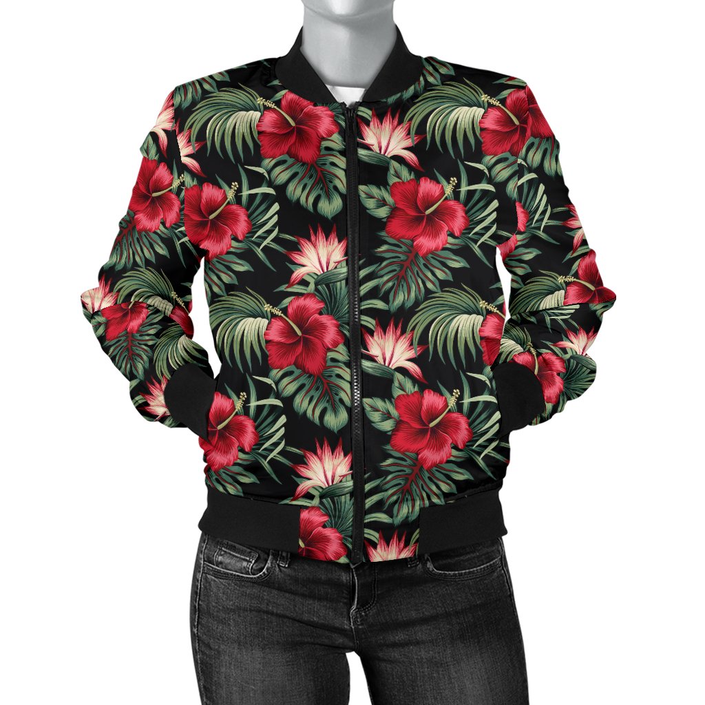 Flower Hawaiian Red Hibiscus Design Print Women Casual Bomber Jacket