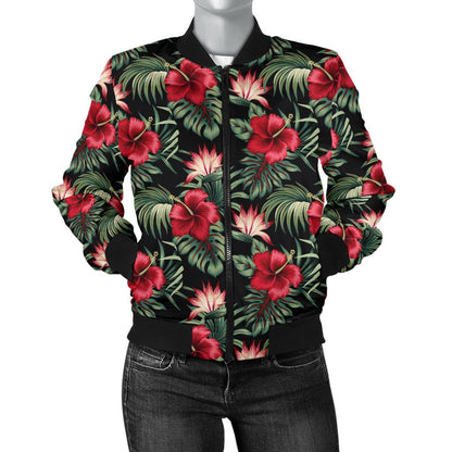 Flower Hawaiian Red Hibiscus Design Print Women Casual Bomber Jacket