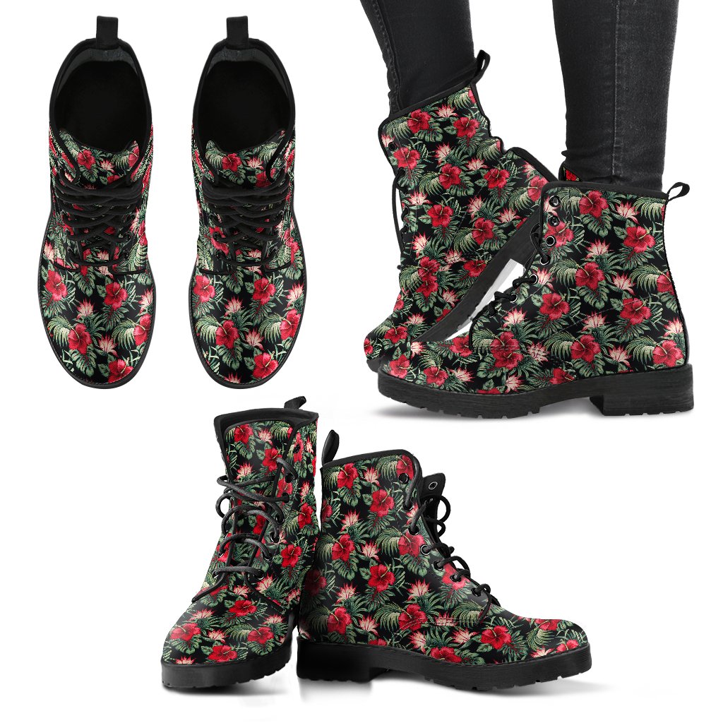 Flower Hawaiian Red Hibiscus Design Print Women Leather Boots-JTAMIGO.COM