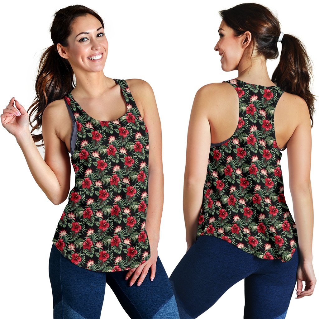 Flower Hawaiian Red Hibiscus Design Print Women Racerback Tank Top