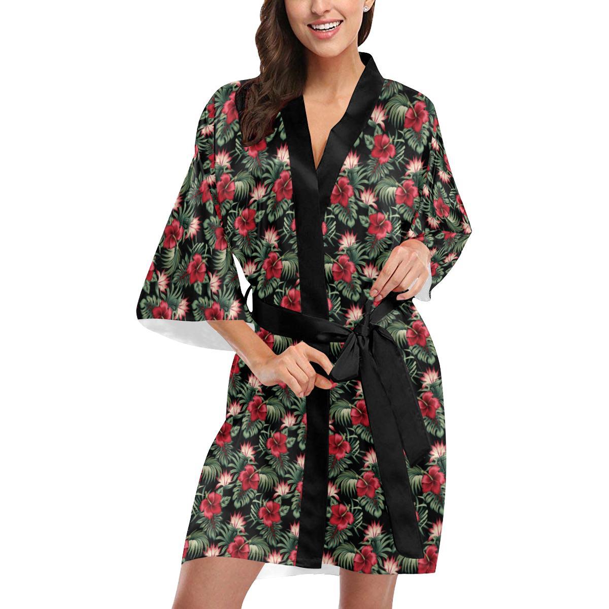 Flower Hawaiian Red Hibiscus Design Print Women Short Kimono Robe