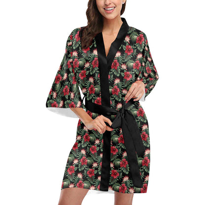 Flower Hawaiian Red Hibiscus Design Print Women Short Kimono Robe