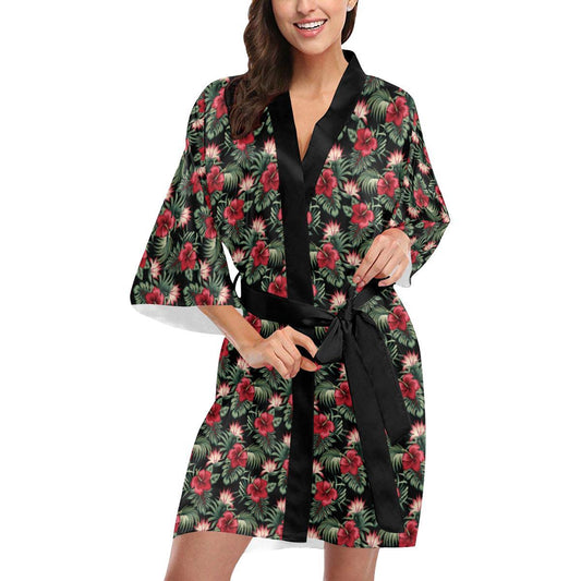 Flower Hawaiian Red Hibiscus Design Print Women Short Kimono Robe
