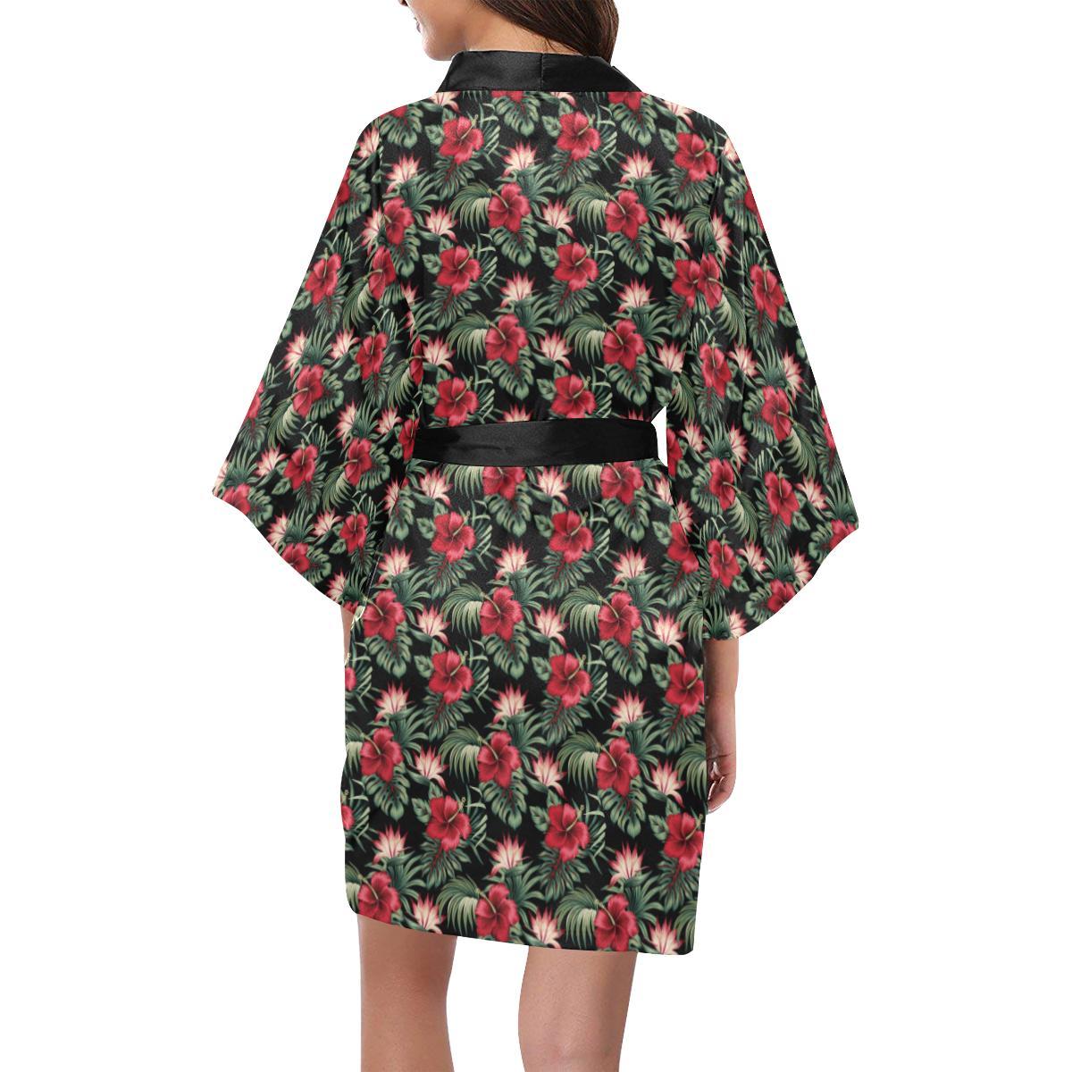 Flower Hawaiian Red Hibiscus Design Print Women Short Kimono Robe