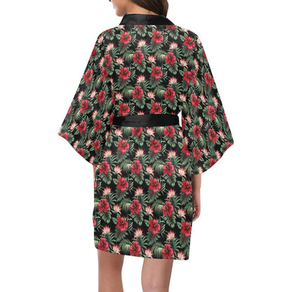 Flower Hawaiian Red Hibiscus Design Print Women Short Kimono Robe