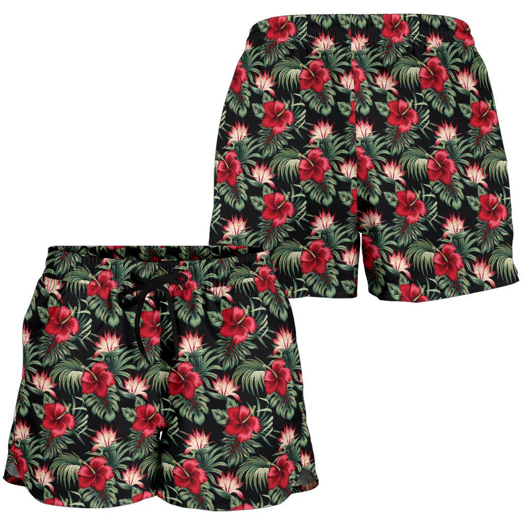 Flower Hawaiian Red Hibiscus Design Print Women Shorts-JTAMIGO.COM