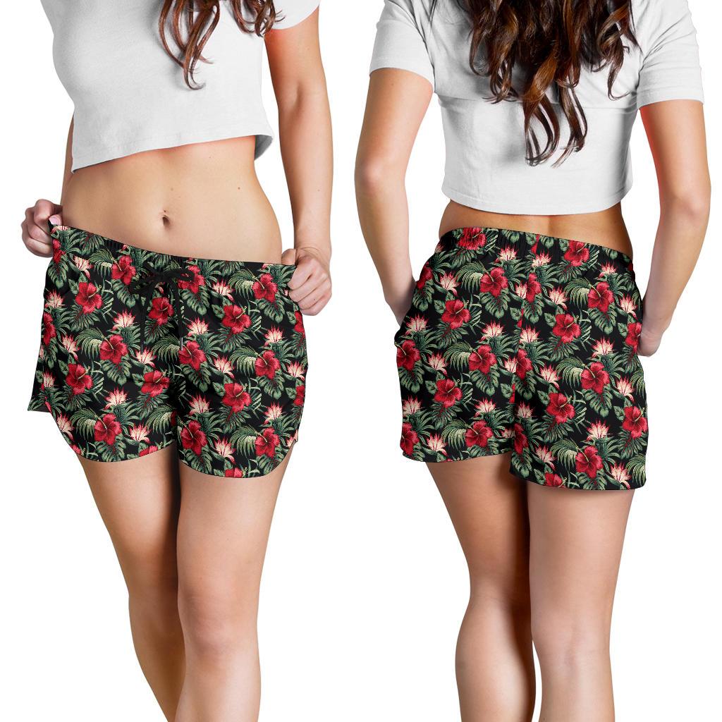 Flower Hawaiian Red Hibiscus Design Print Women Shorts-JTAMIGO.COM