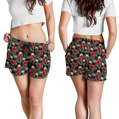 Flower Hawaiian Red Hibiscus Design Print Women Shorts-JTAMIGO.COM