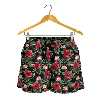 Flower Hawaiian Red Hibiscus Design Print Women Shorts-JTAMIGO.COM