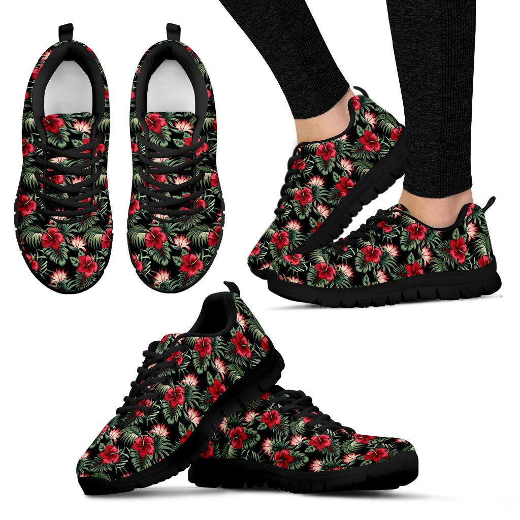 Flower Hawaiian Red Hibiscus Design Print Women Sneakers Shoes
