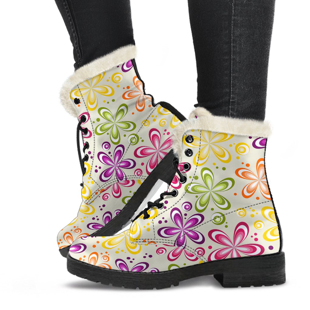 Flower Power Colorful Design Print Faux Fur Leather Boots-JTAMIGO.COM